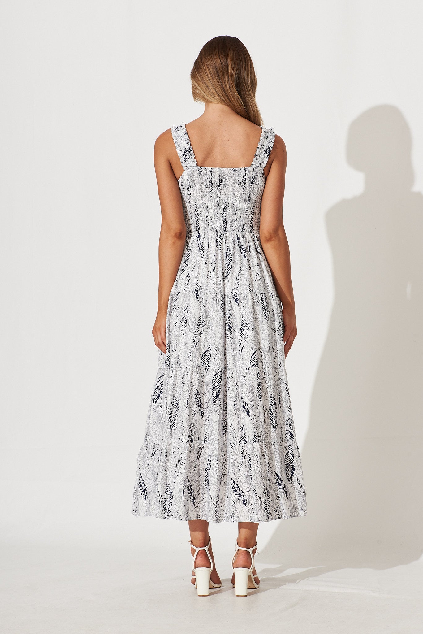 Seabrooke Maxi Sundress In White With Navy Leaf Print – St Frock