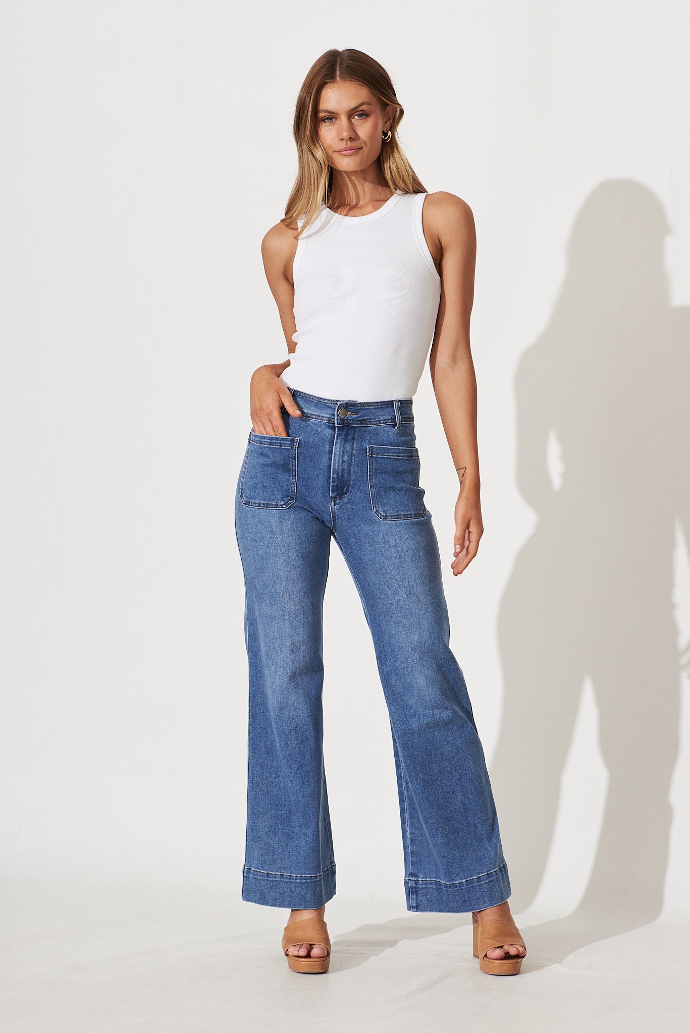 Juanita Wide Leg Jean In Mid Blue Denim - full length