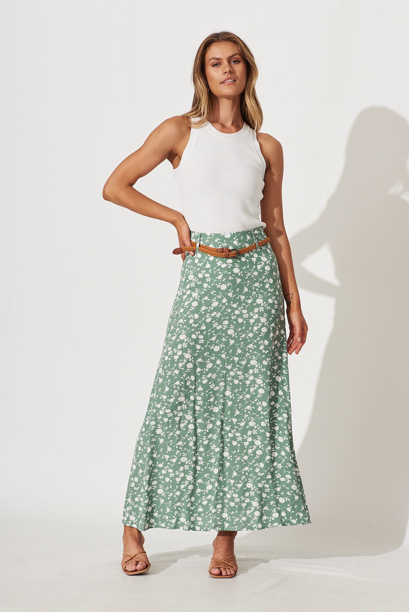 Josephine Maxi Skirt With Belt In Sage With White Floral Print