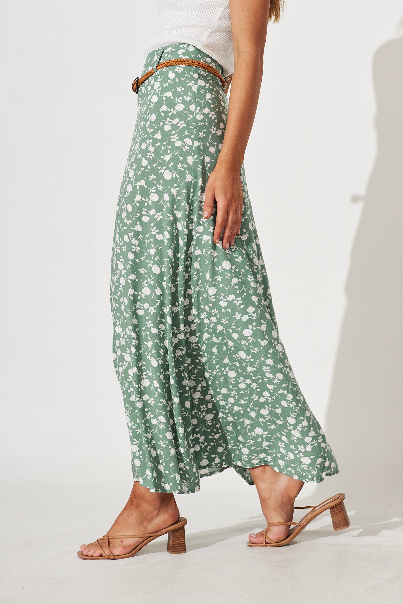 Josephine Maxi Skirt With Belt In Sage With White Floral Print St Frock