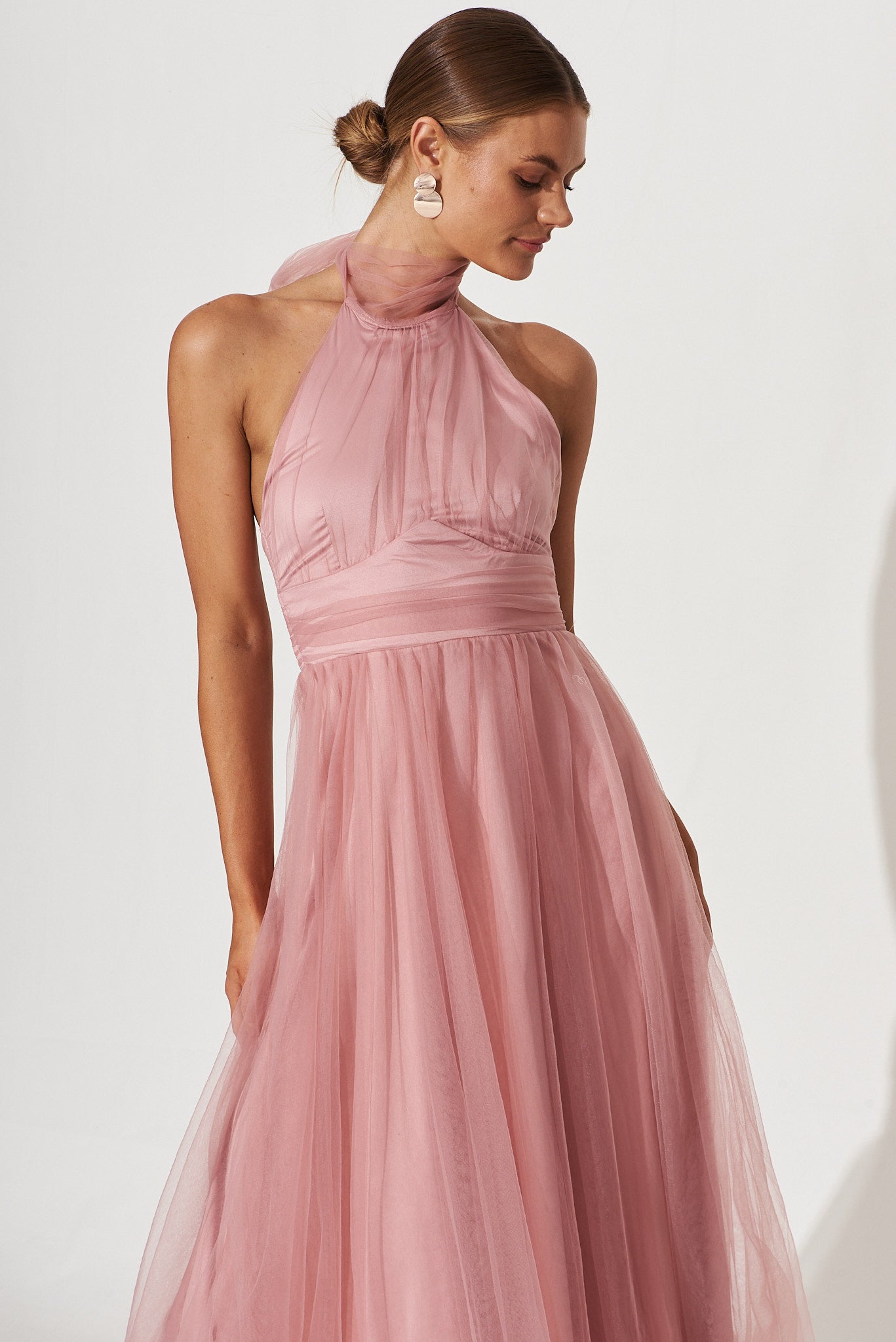 Satin Blush Dress - Pink Tie-Back Dress - Halter Midi Dress