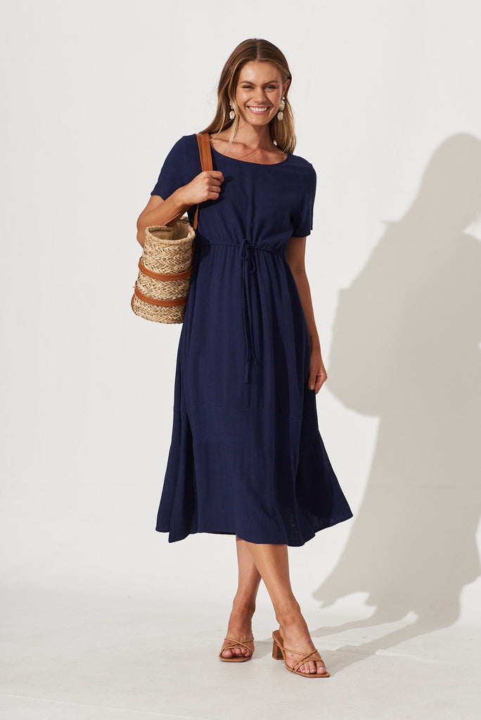 Mary Midi Dress In Navy Linen - full length