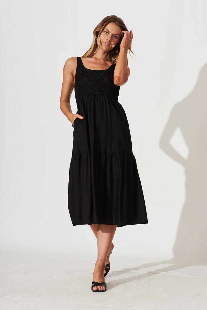 Caribbean Midi Dress In Black Cotton Linen - full length