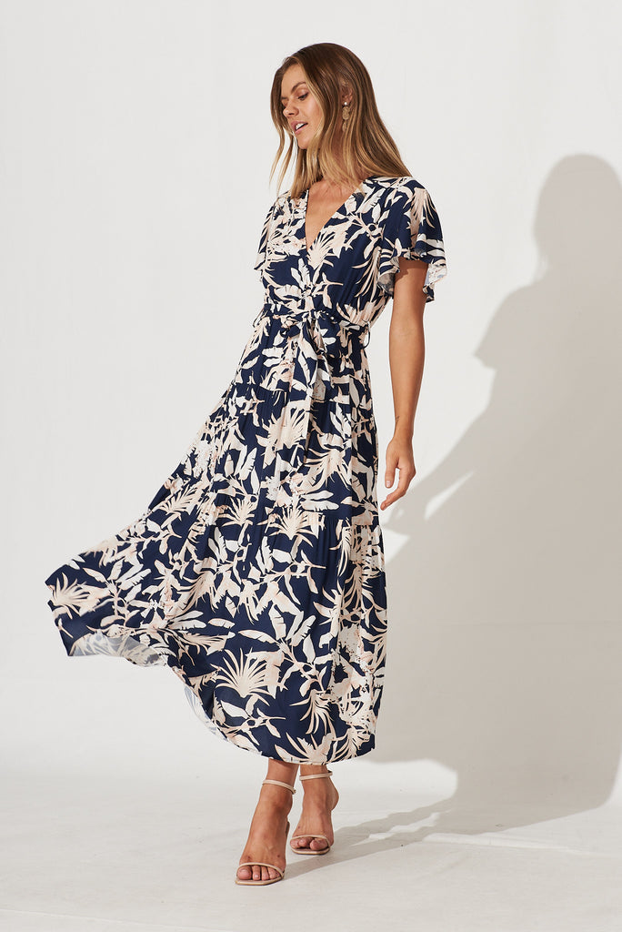 Heidi Maxi Dress In Navy Leaf Print - full length