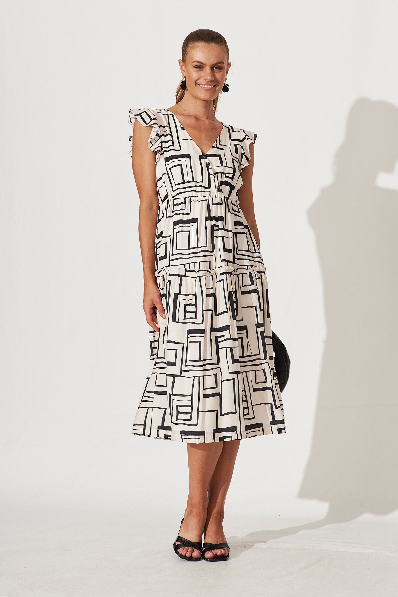Bridget Midi Dress In Cream With Black Geometric Print Cotton Blend - full length