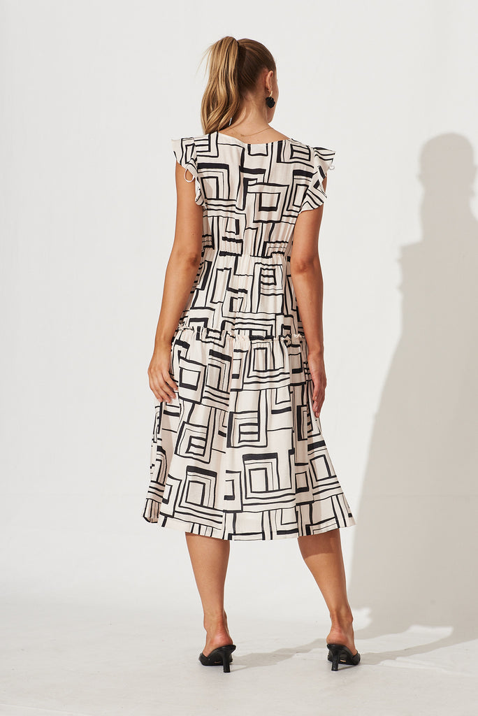 Bridget Midi Dress In Cream With Black Geometric Print Cotton Blend - back