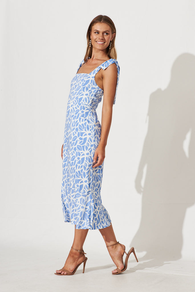 Francesca Midi Sundress In Blue With White Leaf Print - side