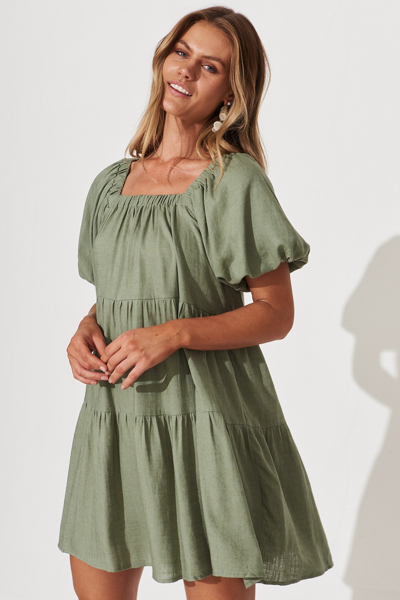 Nessa Smock Dress In Khaki Linen Blend - front