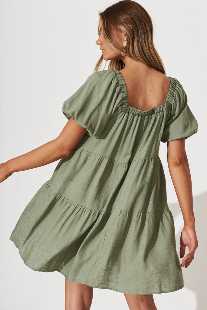Nessa Smock Dress In Khaki Linen Blend - back