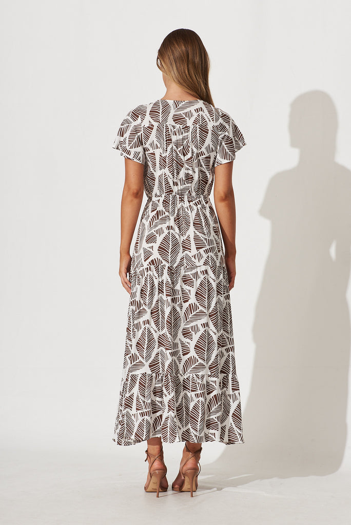 Clairie Maxi Dress In White With Brown Leaf Print - back