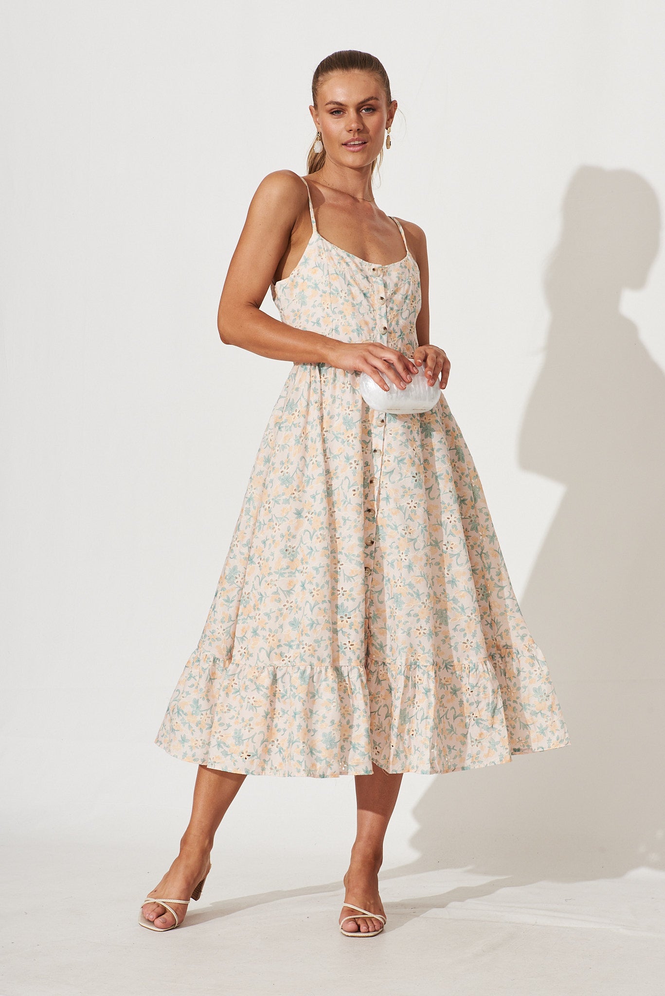 Sunshine Midi Sundress In Beige With Yellow Floral Cotton Broderie St Frock