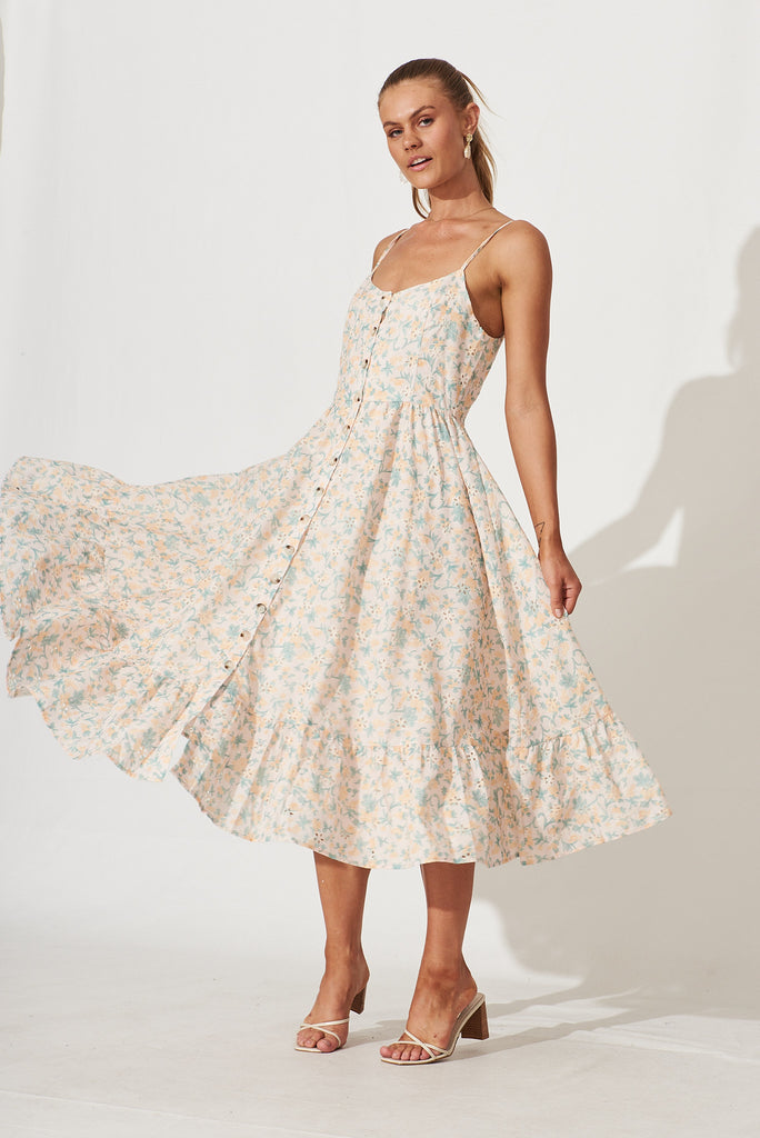 Sunshine Midi Sundress In Beige With Yellow Floral Cotton Broderie - full length
