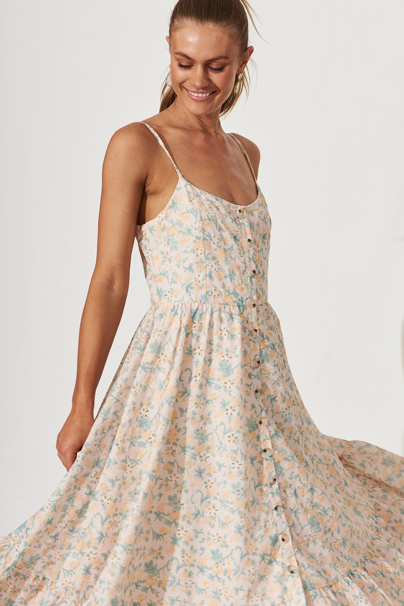 Sunshine Midi Sundress In Beige With Yellow Floral Cotton Broderie