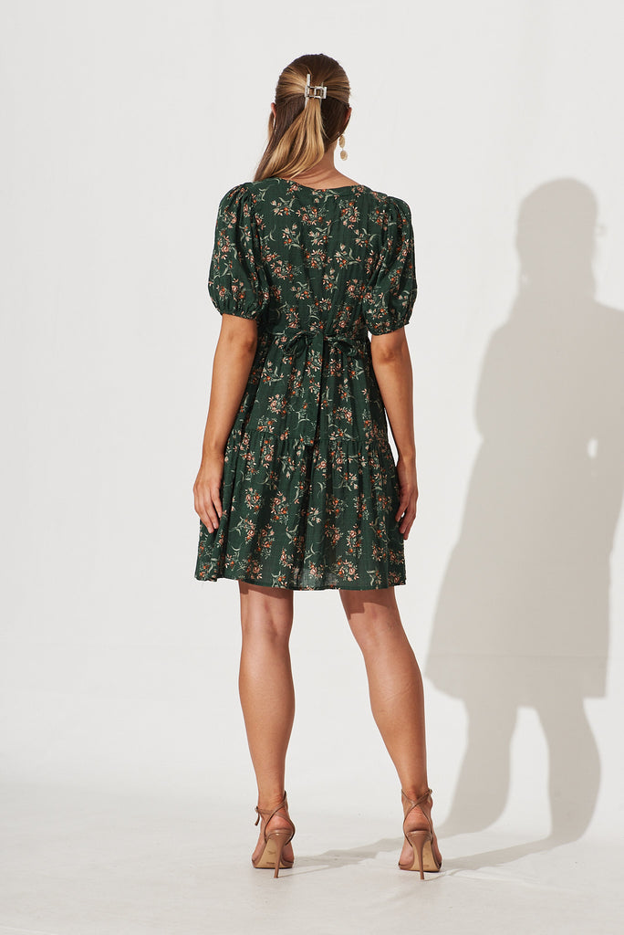Nightfall Smock Dress In Green Floral Print Cotton Blend - back