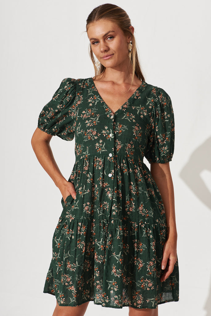 Nightfall Smock Dress In Green Floral Print Cotton Blend - front