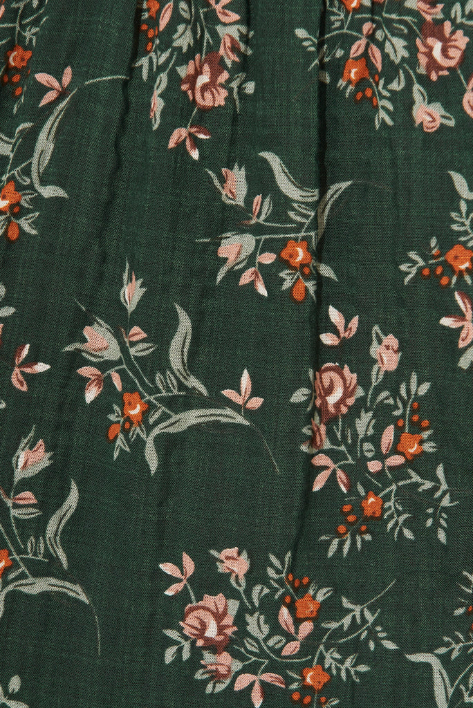 Nightfall Smock Dress In Green Floral Print Cotton Blend - fabric