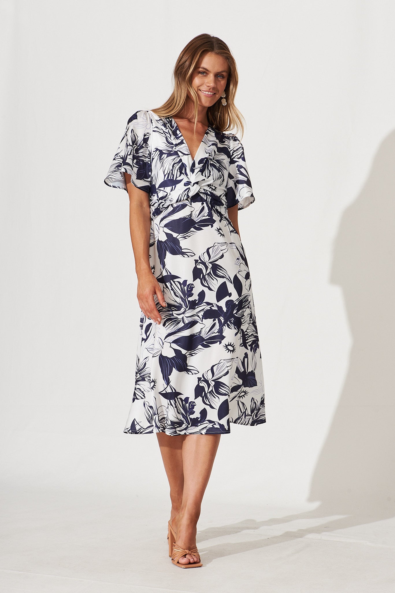 Becky Midi Dress In White With Navy Floral Satin - full length