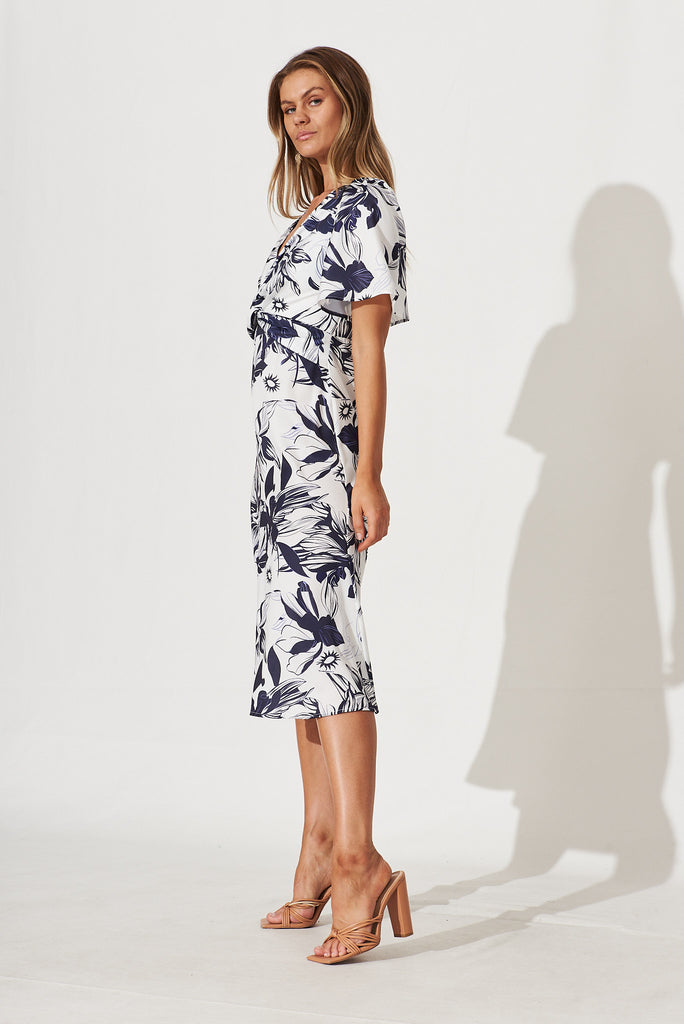 Becky Midi Dress In White With Navy Floral Satin - side