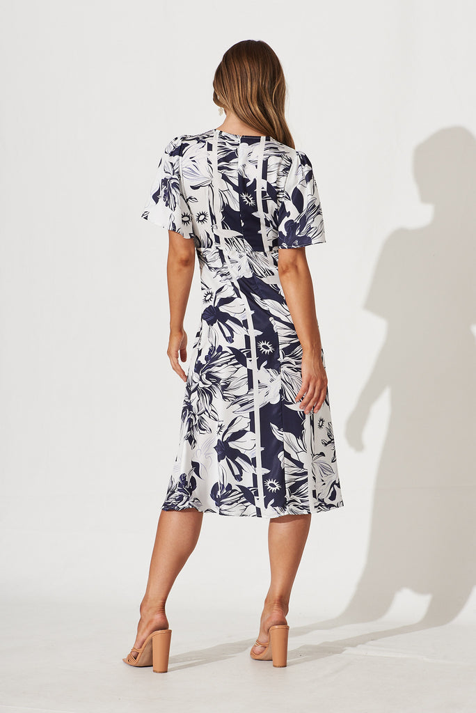Becky Midi Dress In White With Navy Floral Satin - back