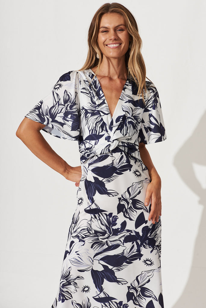 Becky Midi Dress In White With Navy Floral Satin - front