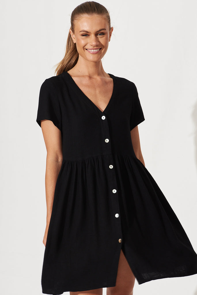 Horizon Smock Dress In Black Linen - front