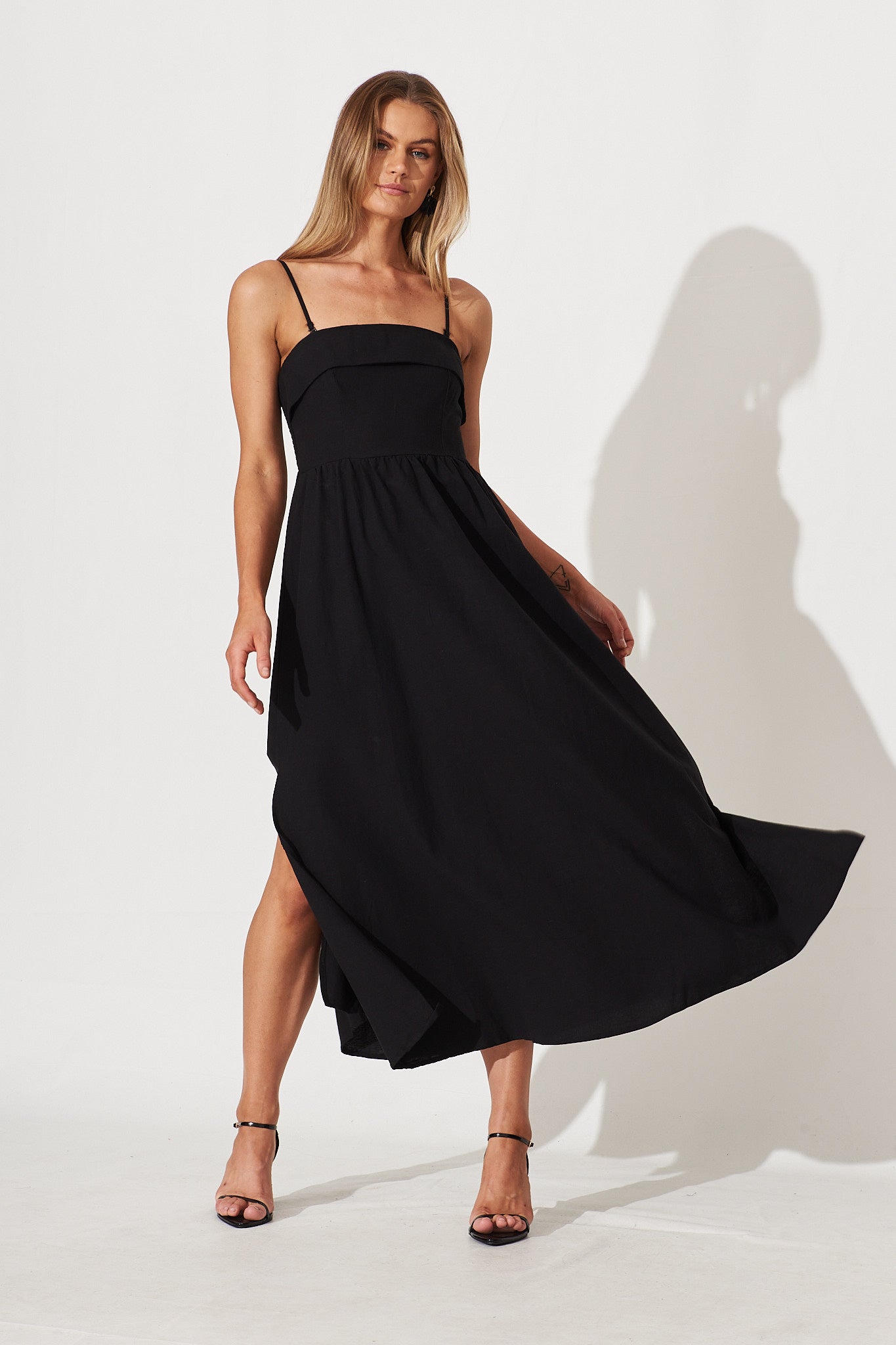 Viola Maxi Dress In Black Linen Cotton Blend - full length