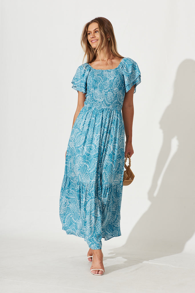Demi Maxi Dress In Blue With White Leaf Print - full length