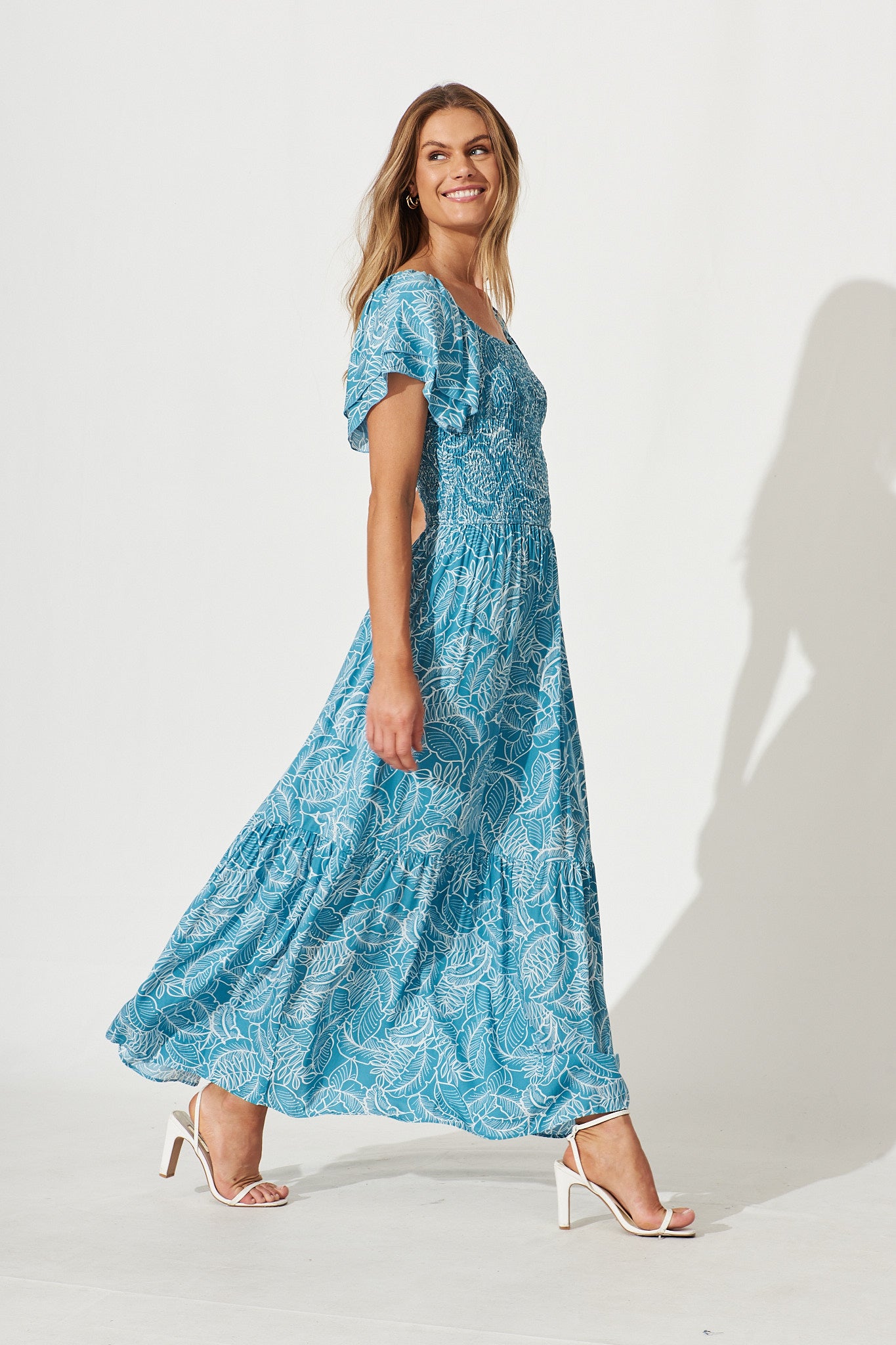Demi Maxi Dress In Blue With White Leaf Print - side