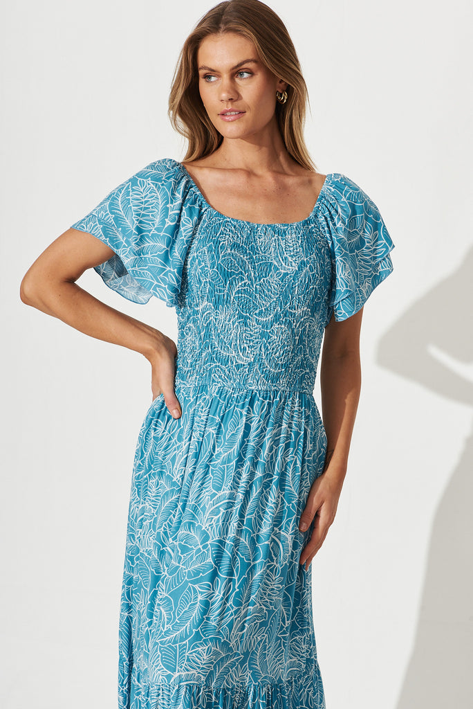 Demi Maxi Dress In Blue With White Leaf Print - front
