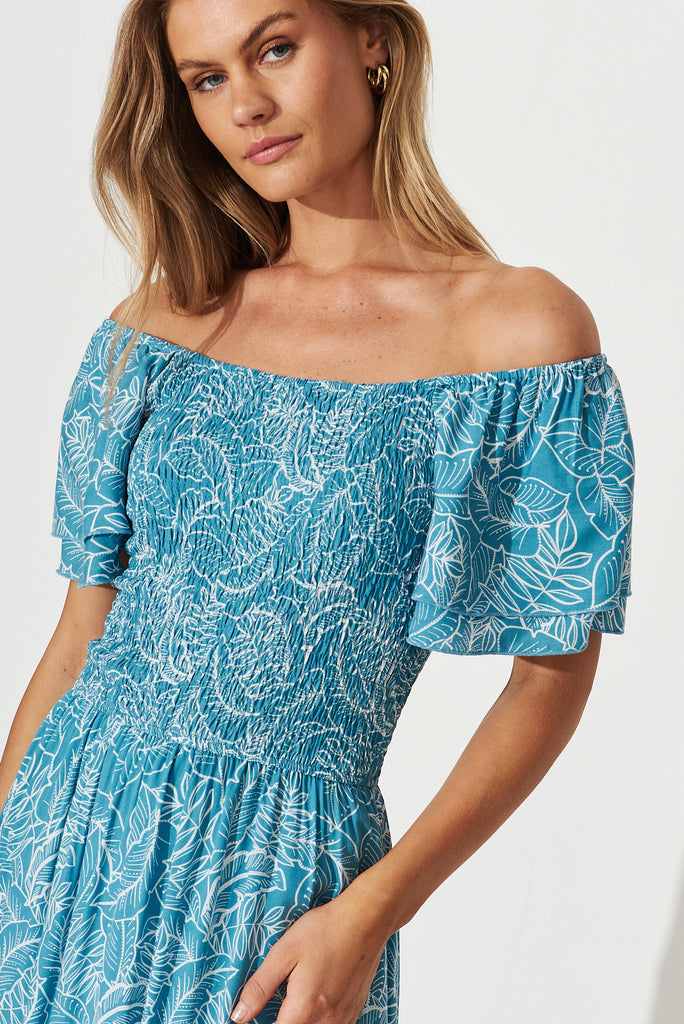 Demi Maxi Dress In Blue With White Leaf Print - detail