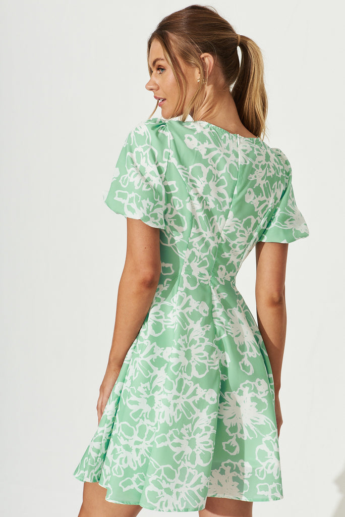 Kinsley Dress In Green With White Floral Print Cotton Blend - back
