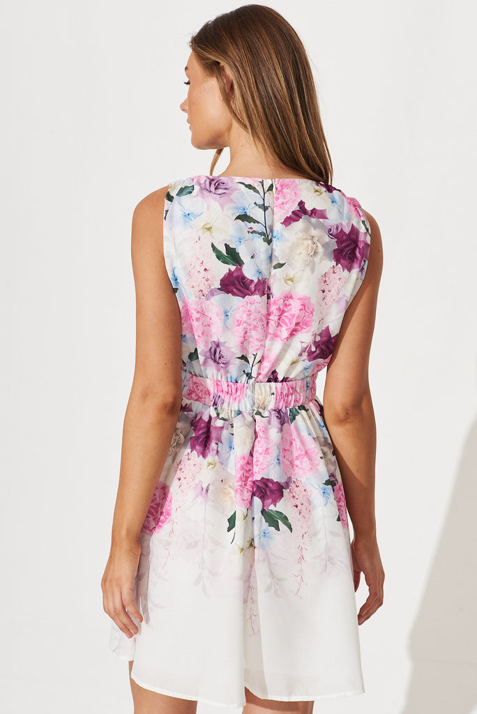 Paradise City Dress In White With Multi Floral Print - back