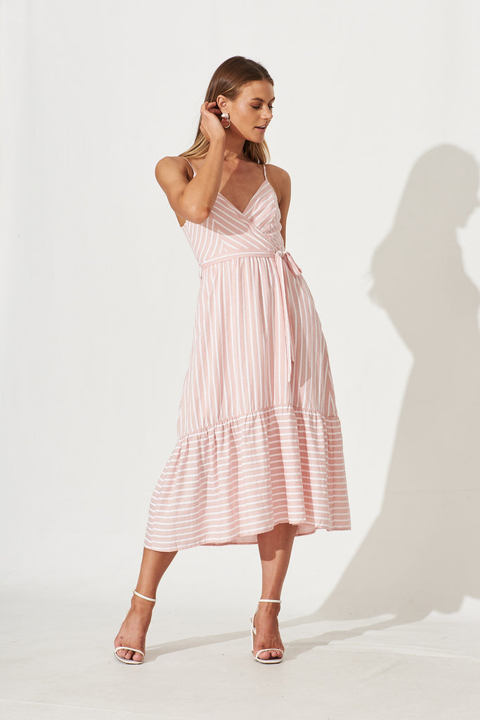 All My Love Midi Sundress In Pink With White Stripe Linen Cotton - full length