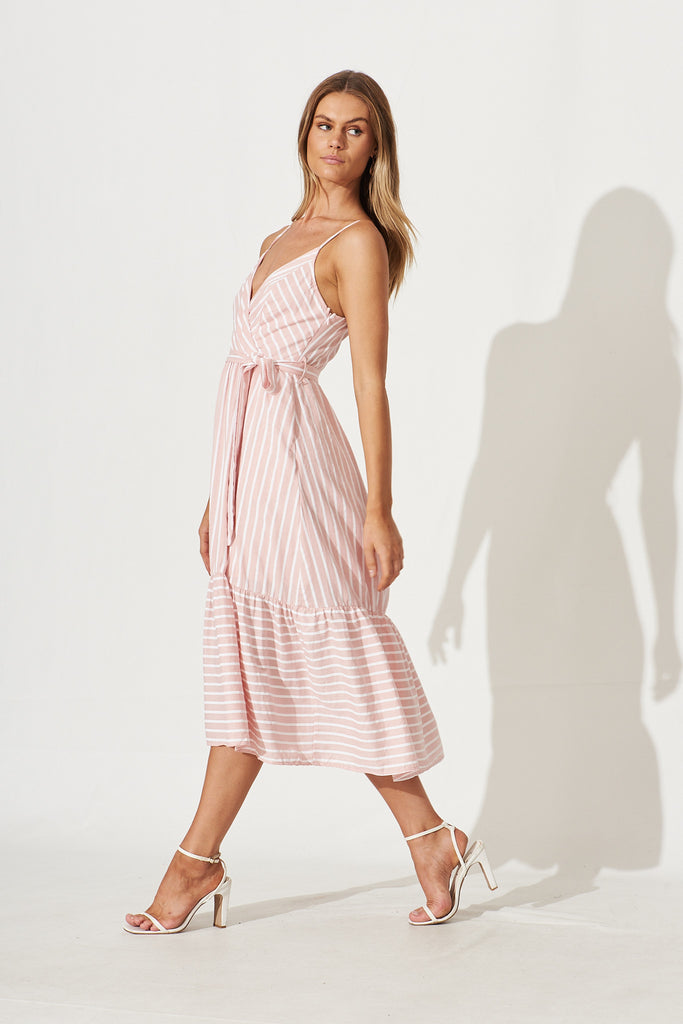 All My Love Midi Sundress In Pink With White Stripe Linen Cotton - side