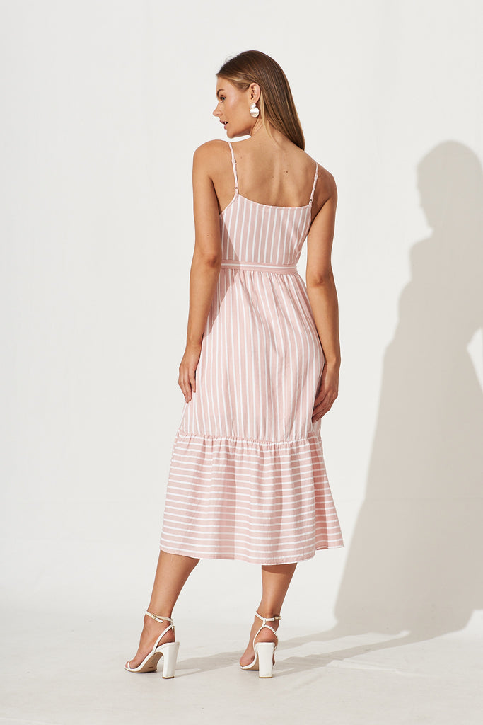 All My Love Midi Sundress In Pink With White Stripe Linen Cotton - back
