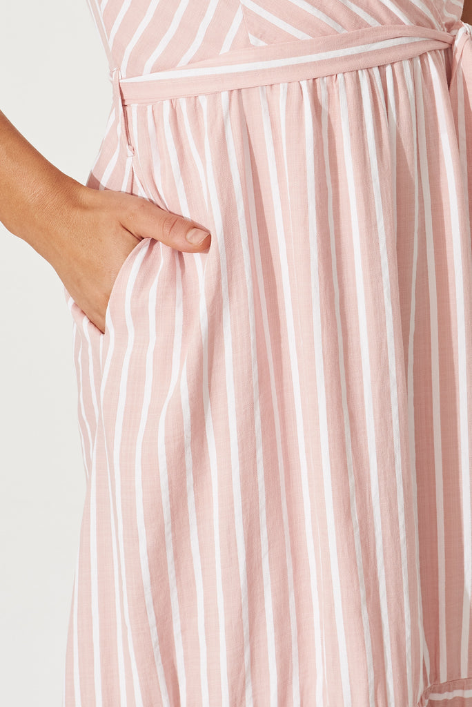 All My Love Midi Sundress In Pink With White Stripe Linen Cotton - detail