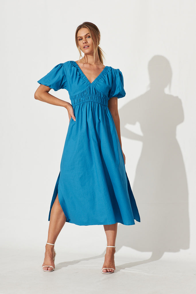 Arizona Midi Dress In Blue Cotton Linen Blend - full length