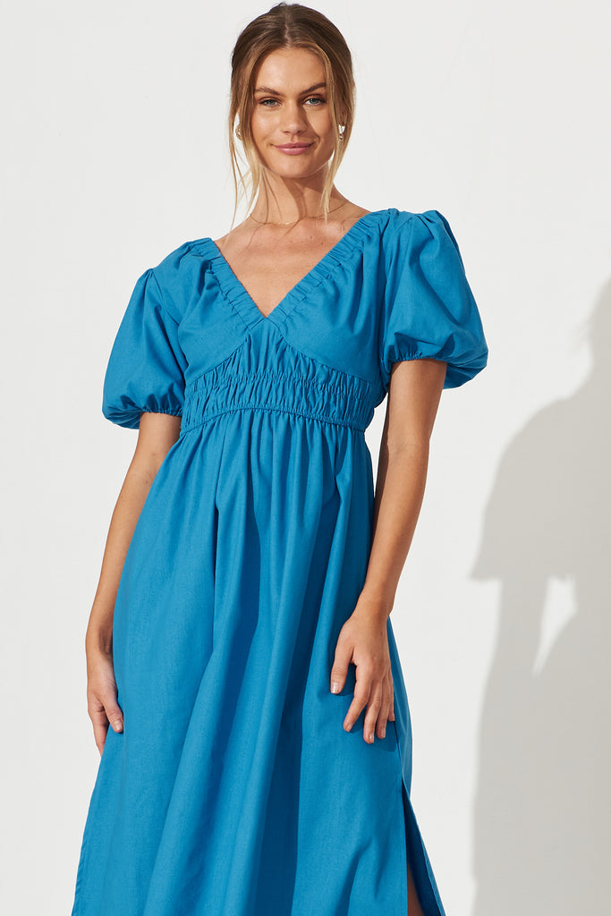 Arizona Midi Dress In Blue Cotton Linen Blend - front