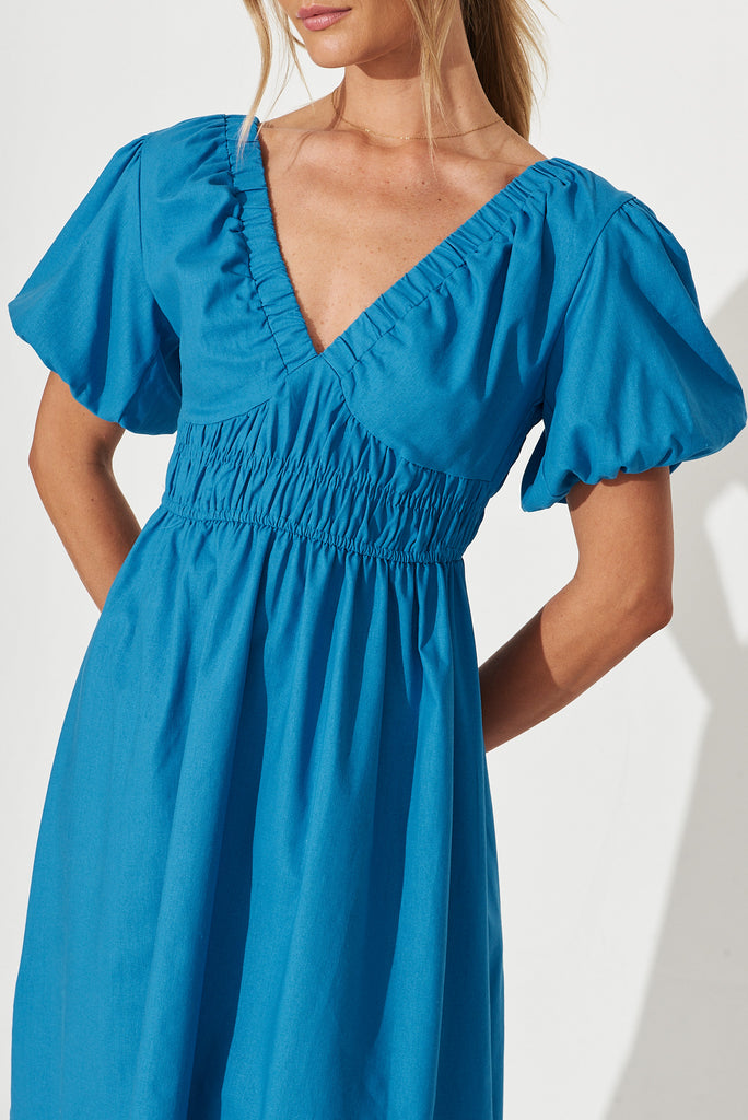Arizona Midi Dress In Blue Cotton Linen Blend - detail