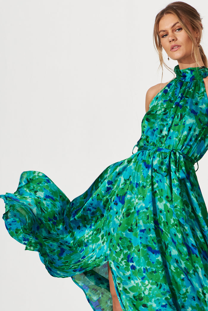 Kiss Me Halter Neck Maxi Dress In Green Watercolour Print St Frock Kiss Me Halter Neck Maxi Dress In Green Watercolour Print St Frock