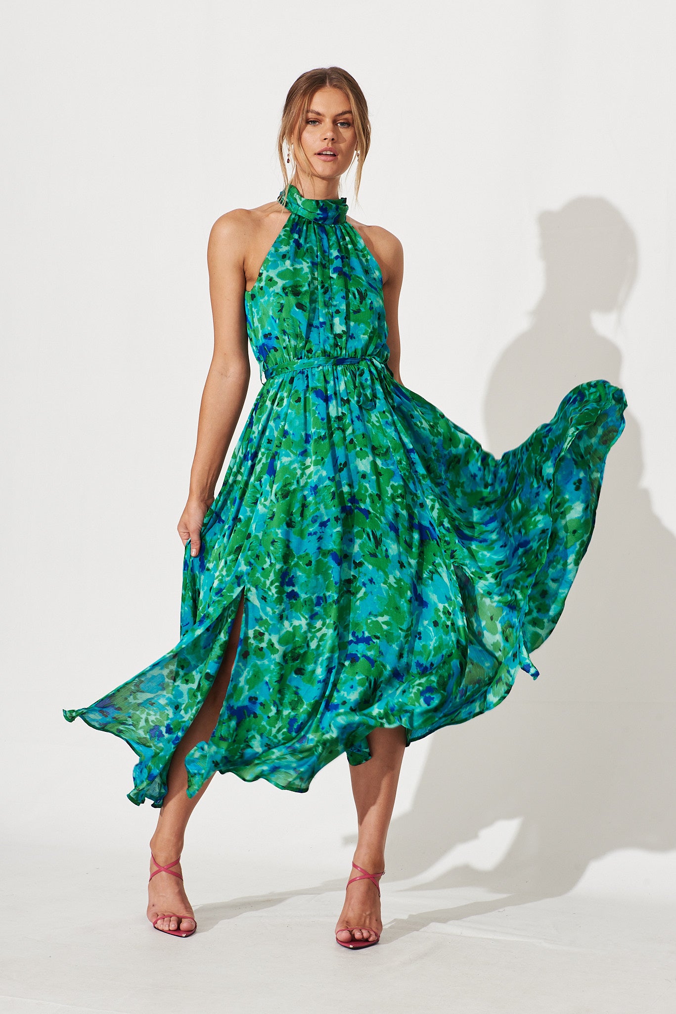 Kiss Me Halter Neck Maxi Dress In Green Watercolour Print – St Frock