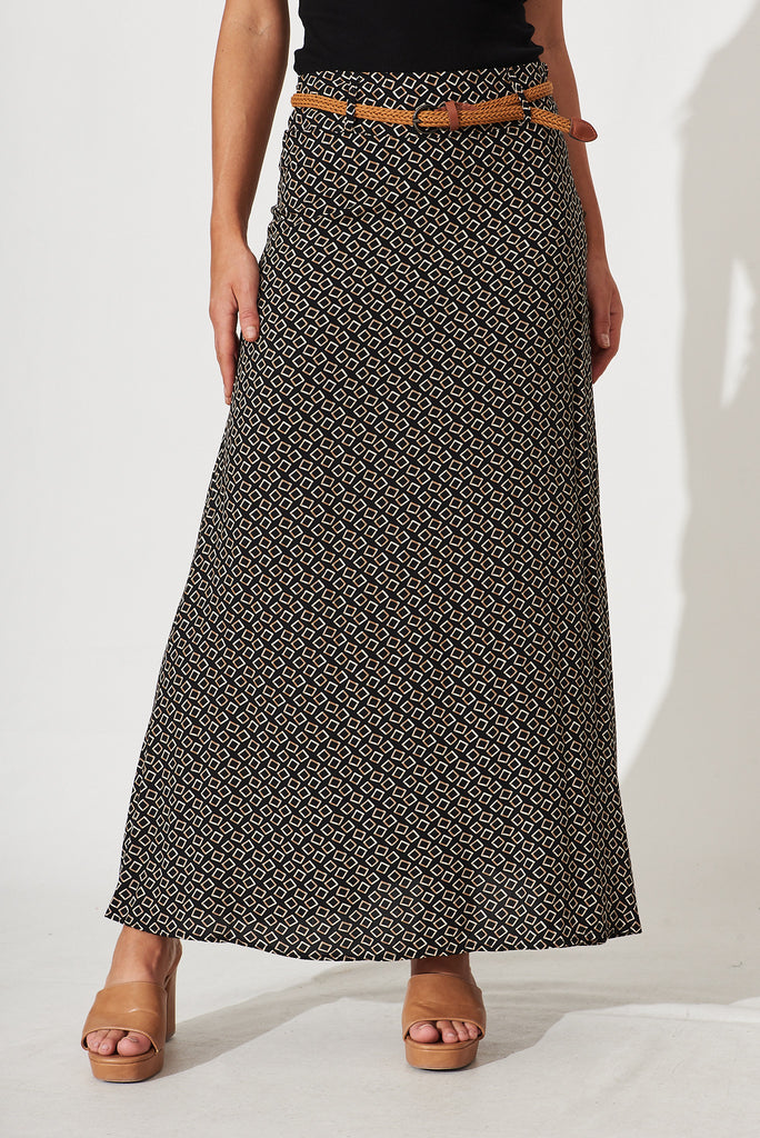 Josephine Maxi Skirt With Belt In Black Square Print - front