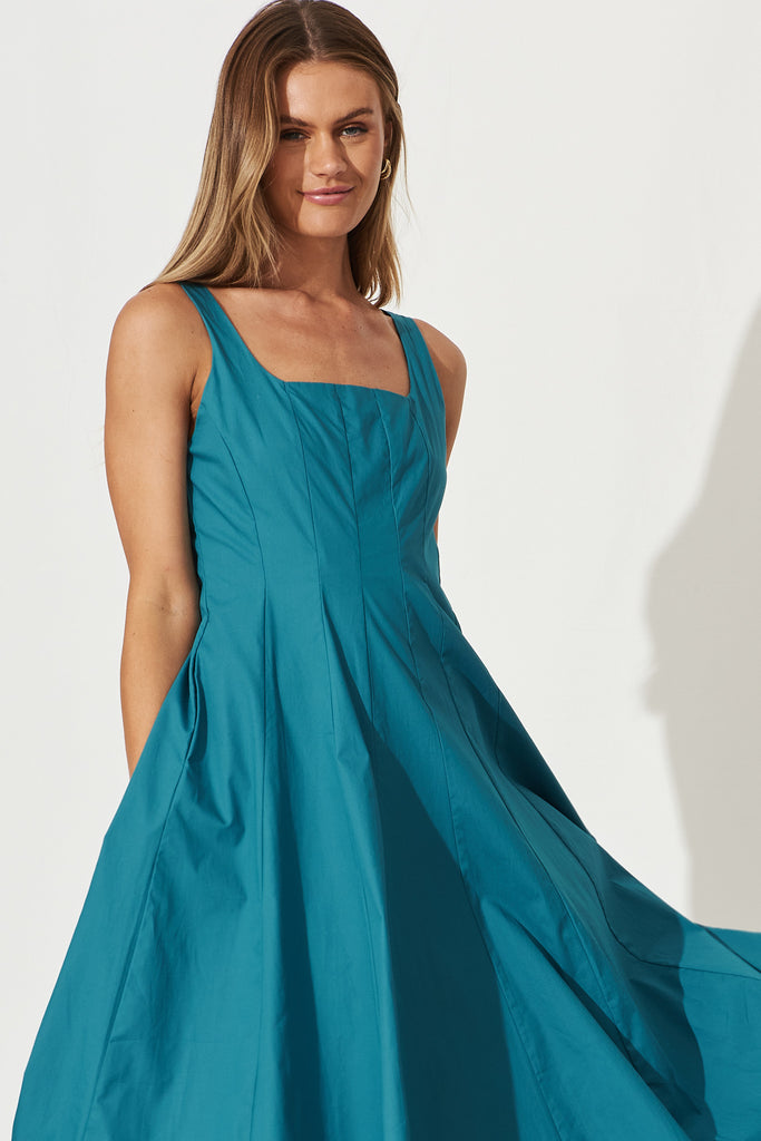 Angelita Midi Dress In Teal Cotton - front