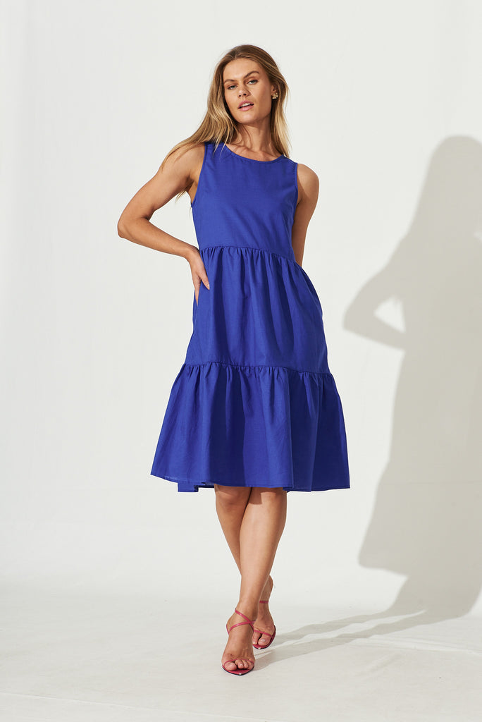 Nayeli Midi Dress In Royal Blue Linen Blend - full length