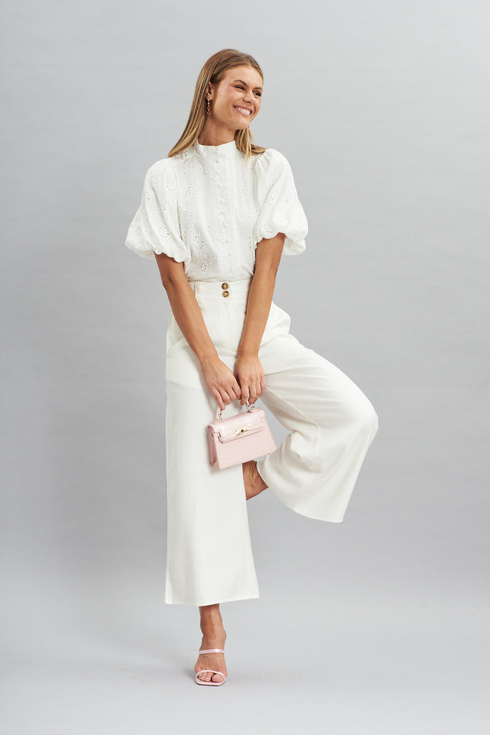 Legacy Pant In White Silk Linen Blend - full length