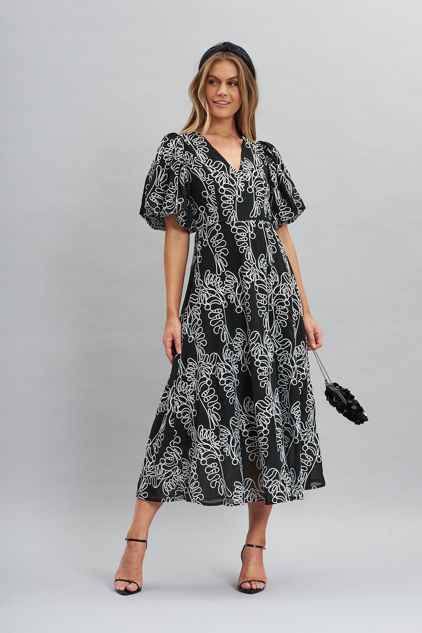 Tiffany Maxi Dress In Black With White Embroidery - full length