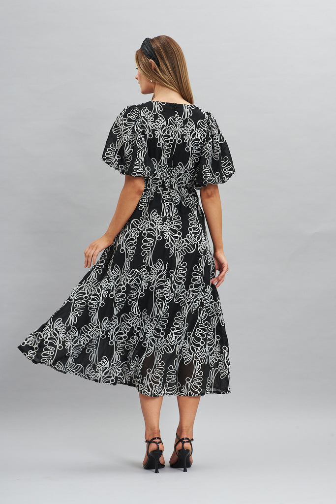 Tiffany Maxi Dress In Black With White Embroidery - back