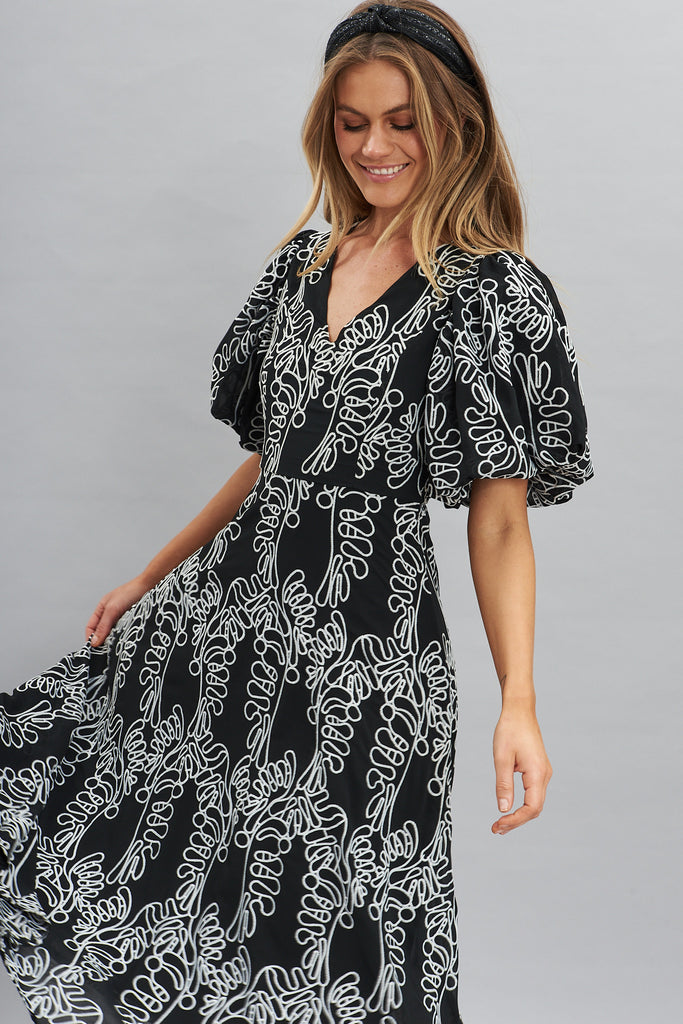 Tiffany Maxi Dress In Black With White Embroidery - front