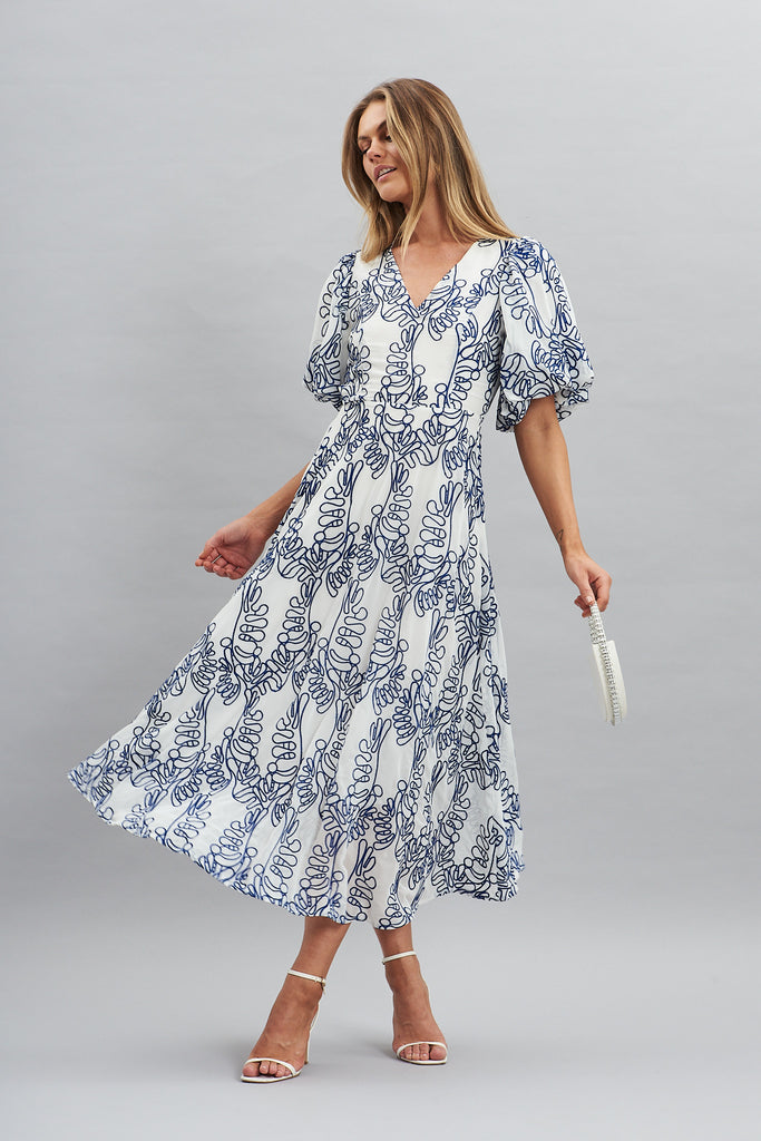 Tiffany Maxi Dress In White With Blue Embroidery - full length