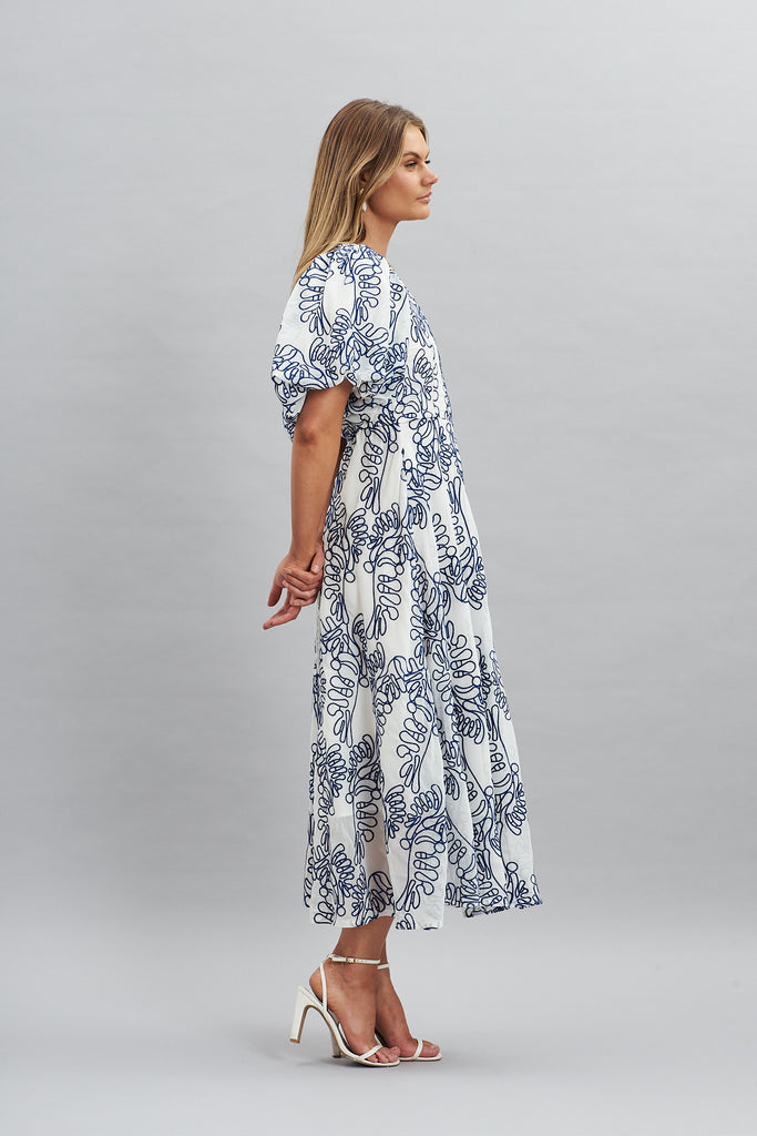 Tiffany Maxi Dress In White With Blue Embroidery - side